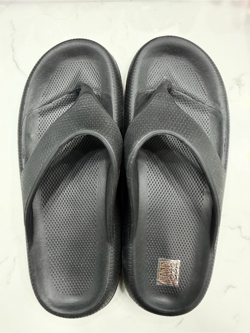 Black Comfort Toe-Post Sandals with Logo Plaque